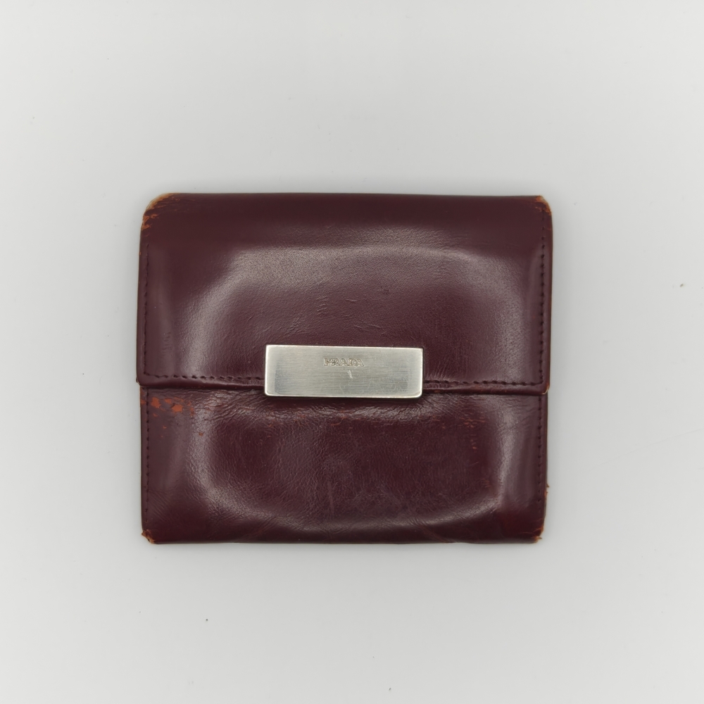 Prada Burgundy Leather Compact Wallet with Silver Hardware